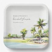 ビーチコースタルパームツリーズウォーターカラーブライダルシャワー ペーパープレート (正面)