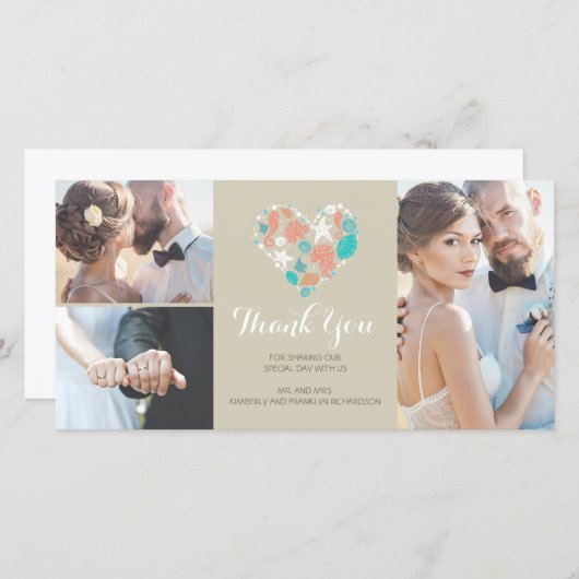 ビーチコースト航海のハート結婚ズ・サンキュー サンキューカード (正面/裏面)