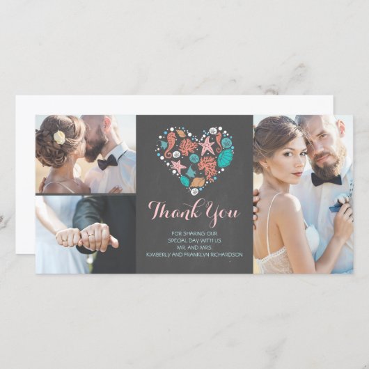 ビーチコースト航海のハート結婚ズ・サンキュー サンキューカード (正面/裏面)