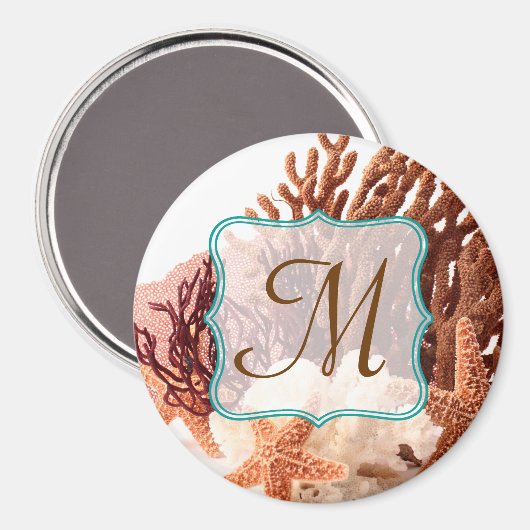 ビーチコーラルスターフィッシュサンドモノグラムイニシャル磁石 マグネット (正面/裏面)