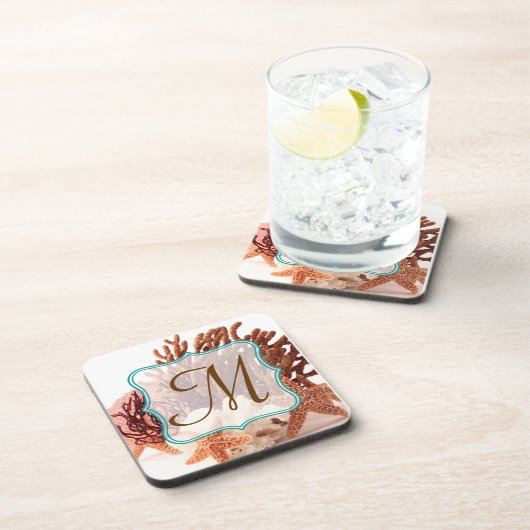 ビーチコーラルスターフィッシュサンドモノグラム飲料コースター コースター (右側)