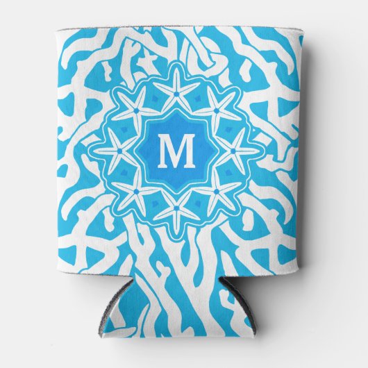 ビーチコーラルリーフスターフィッシュモノグラム |明るい青 缶クーラー (正面)