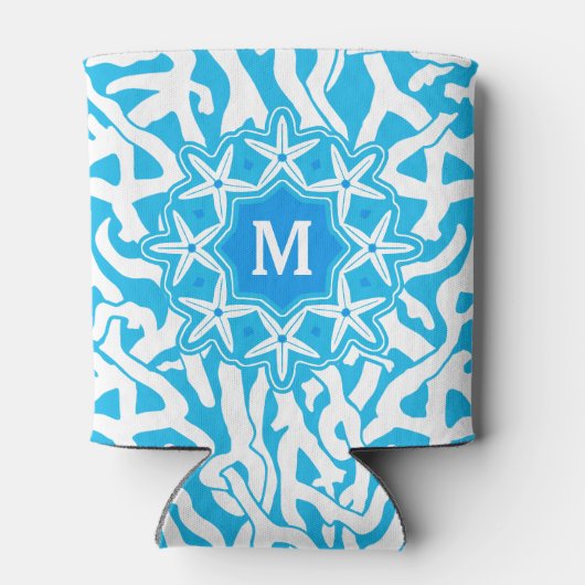 ビーチコーラルリーフスターフィッシュモノグラム |明るい青 缶クーラー (裏面)