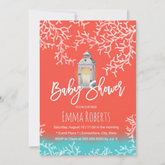 ビーチコーラルリーフ&ヴィンテージランタンベビーシャワー 招待状 (正面)