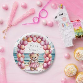ビーチサイドテディベアバルーンガールベビーシャワー ペーパープレート
