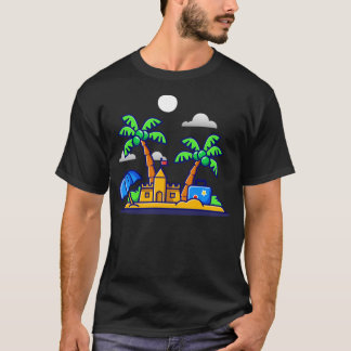 ビーチサマーサンド城とココナッツツリー漫画 Tシャツ