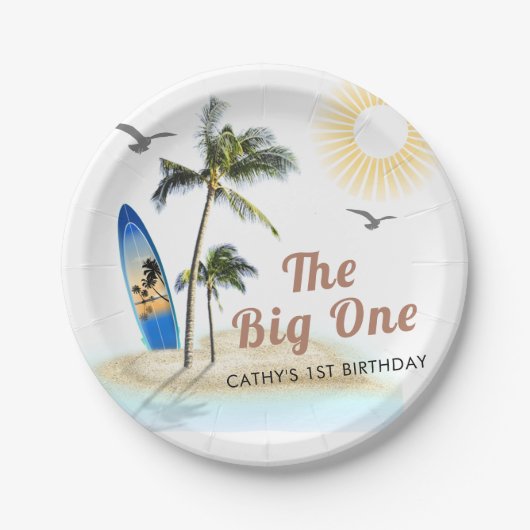 ビーチサマーサーフ1st誕生日7"ラウンド ペーパープレート (正面)