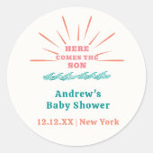 ビーチサンシャイ来ンここザ息子ベビーシャワー ラウンドシール (正面)
