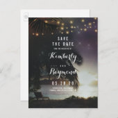 ビーチサンセットとストリングライト日付の保存 案内ポストカード (正面/裏面)