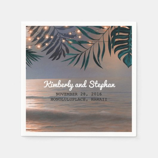 ビーチサンセットとパームライトデスティネーションウェディング スタンダードカクテルナプキン (正面)