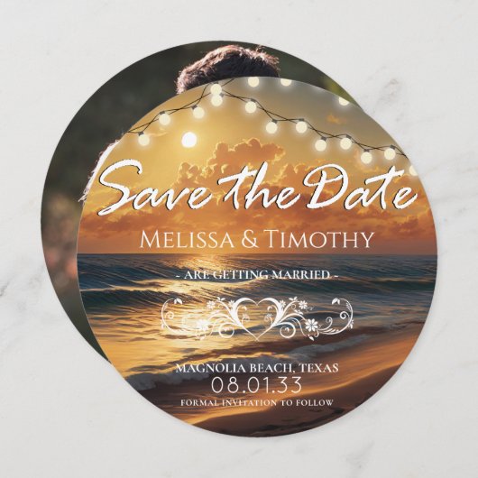 ビーチサンセットウェディング日付を保存 セーブザデート (正面/裏面)