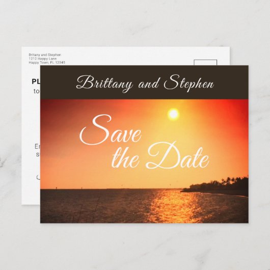 ビーチサンセットウェディング日付を保存 案内ポストカード (正面/裏面)