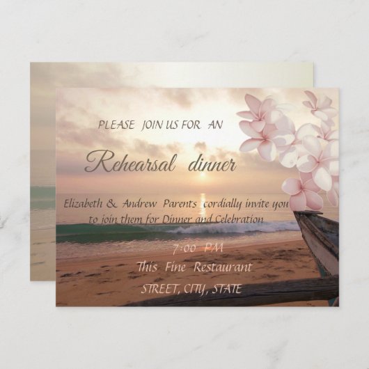 ビーチサンセットウェディング,プルメリア  リハーサルディナー 招待状 (正面/裏面)