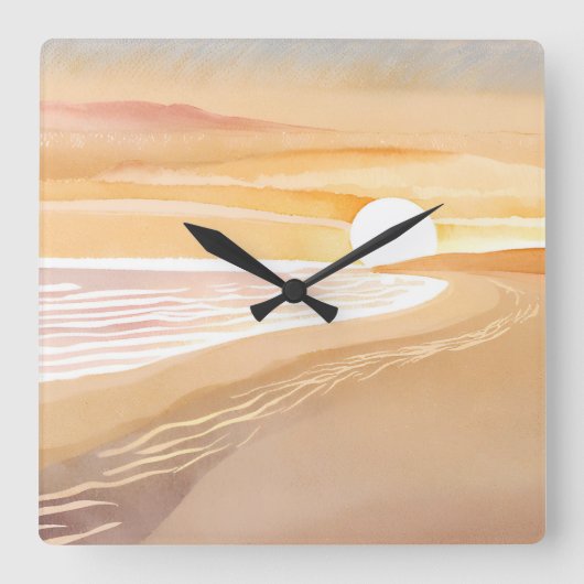 ビーチサンセットウォーターカラー | 美しい黄色 スクエア壁時計 (正面)