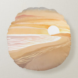 ビーチサンセットウォーターカラー | 美しい黄色 ラウンドクッション