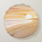 ビーチサンセットウォーターカラー | 美しい黄色 ラウンドクッション (裏面)