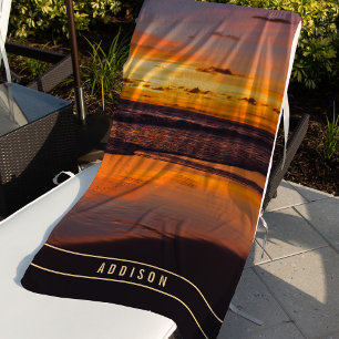 ビーチサンセットオレンジイエロートロピカルモノグラム ビーチタオル