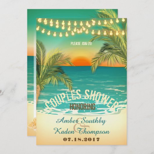 ビーチサンセットカップルウェディングシャワー 招待状 (正面/裏面)