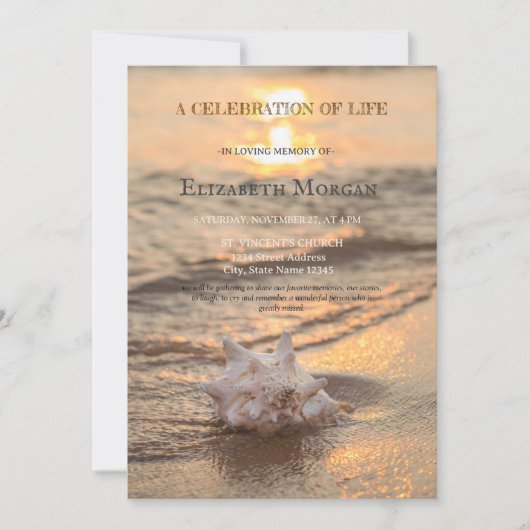 ビーチサンセットシーシェルお祝いオブライフ 招待状 (正面)