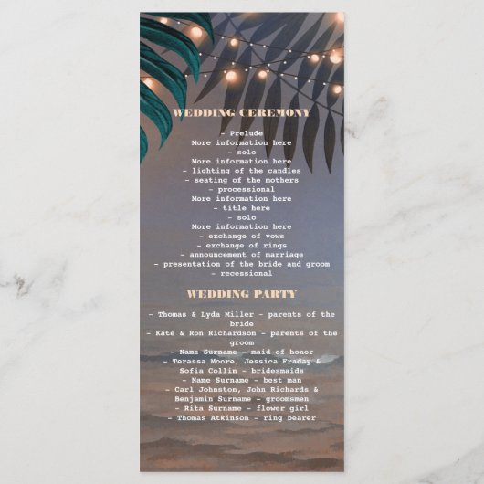 ビーチサンセットストリングライツパームズ結婚式 プログラム (裏面)