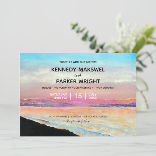 ビーチサンセットテーマ結婚式招待状 招待状 (スタンド正面)