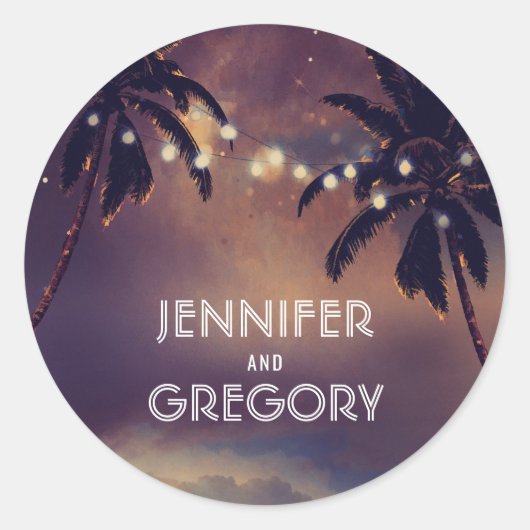 ビーチサンセットパームストリングライツパープル結婚ズ ラウンドシール (正面)