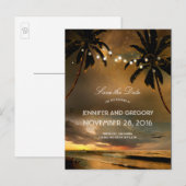 ビーチサンセットパームズストリングライツ日付を保存 案内ポストカード (正面/裏面)