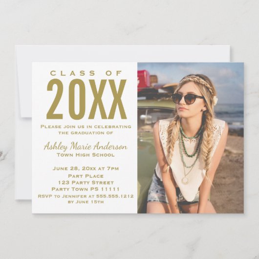 ビーチサンセットピンク金ゴールド卒業パーティーと写真 招待状 (正面)