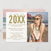 ビーチサンセットピンク金ゴールド卒業パーティーと写真 招待状 (正面/裏面)