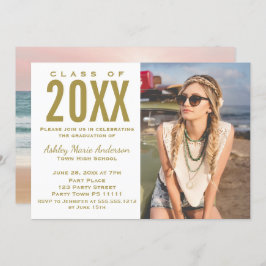 ビーチサンセットピンク金ゴールド卒業パーティーと写真 招待状