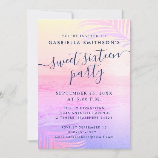 ビーチサンセットフィルタートロピカルサマー16誕生日 招待状 (正面)