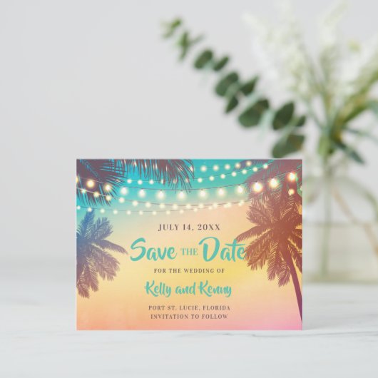 ビーチサンセットヤシの木とライト日付を保存 ポストカード (スタンド正面)