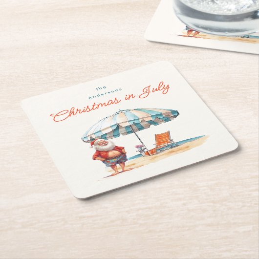 ビーチサンタウォーターの色7月のクリスマスパーティーBBQ スクエアペーパーコースター (アングル)