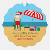 ビーチサンタクロースかわいいカスタムクリスマスメリークリスマス オーナメントカード (正面)
