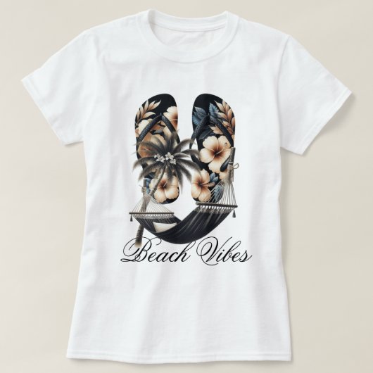 ビーチサンダルとハンモック ビーチの雰囲気 Tシャツ (デザイン正面)