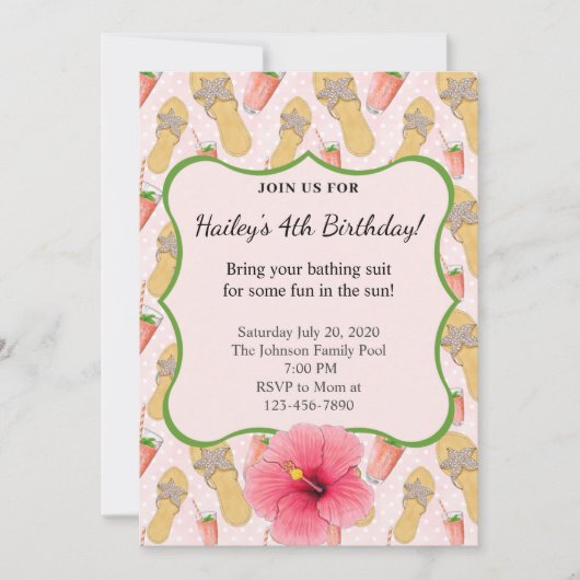 ビーチサンダルとレモネード誕生日パーティーの招待 招待状 (正面)