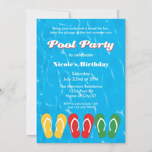 ビーチサンダルと水プールパーティの招待状 招待状 (正面)