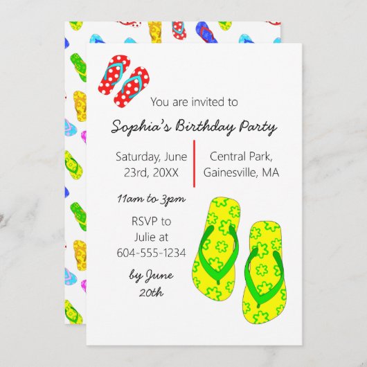 ビーチサンダルの夏の誕生日パーティーへの招待 招待状 (正面/裏面)