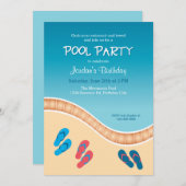 ビーチサンダルの誕生日の招待状が付いているプールを囲んでのパーティ 招待状 (正面/裏面)