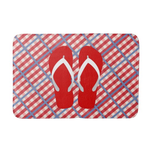 ビーチサンダルの赤く、白くおよび青の格子縞 バスマット (正面)