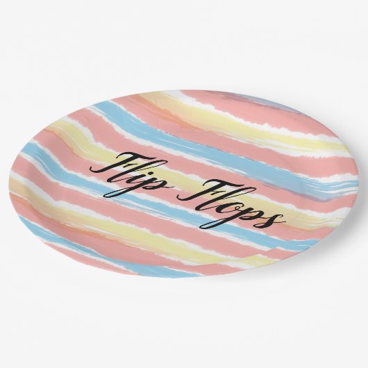 ビーチサンダルタイポグラフィイエローピンクブルーストライプズ ペーパープレート (アングル)