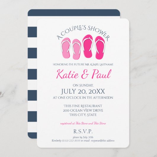ビーチサンダルピンクとネイビーブルーカップルのシャワー 招待状 (正面/裏面)