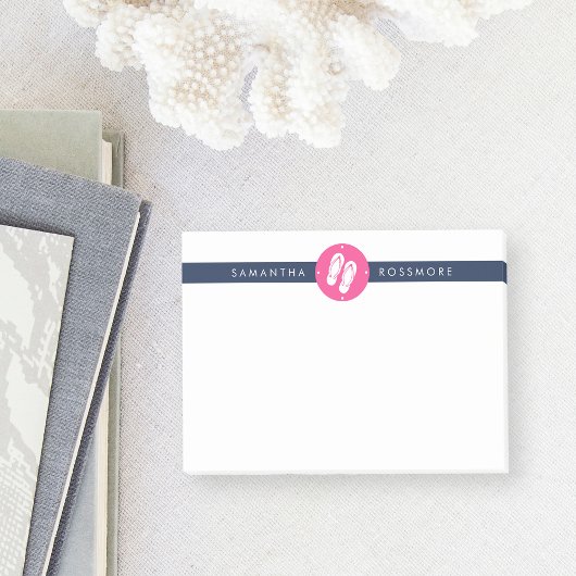 ビーチサンダル名門私立校風の明るい赤紫色ピンク&ネイビーストライプズ ポストイット