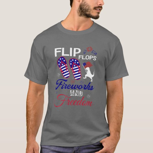 ビーチサンダル花火とフリーダムアメリカ国旗4日 Tシャツ (正面)