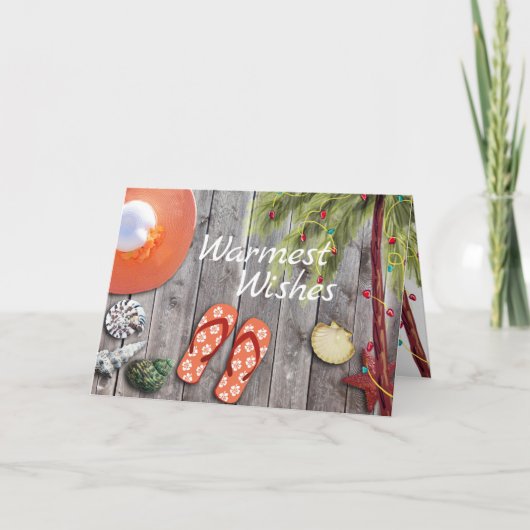 ビーチサンダル、パームツリー、クリスマスライトビーチ シーズンカード (正面)