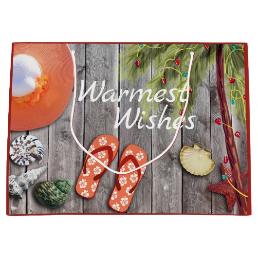 ビーチサンダルnパームツリーとクリスマスライトビーチ ラージペーパーバッグ (正面)