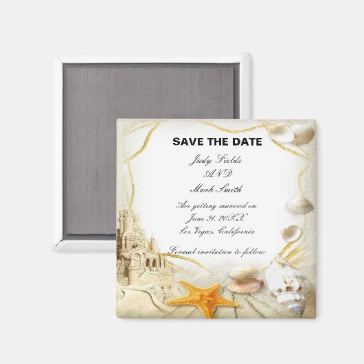 ビーチサンドキャッスルウェディングデイトマグネットを保存 マグネット (正面/裏面)
