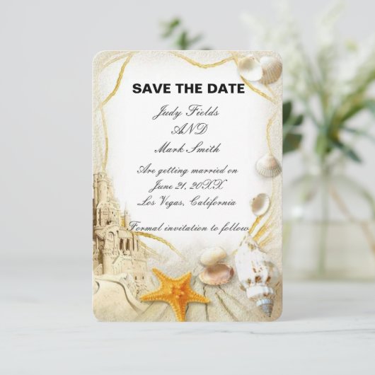 ビーチサンドキャッスルウェディング日付カードを保存 セーブザデート (スタンド正面)