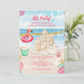 ビーチサンドキャッスルフラミンゴ誕生日パーティダウンロード 招待状 (スタンド正面)