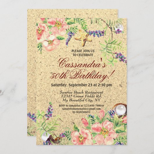 ビーチサンドシェルズウォーターカラーフローラ50th誕生日 招待状 (正面/裏面)